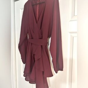 Burgundy Red V-Neck Fit and Flare Dress